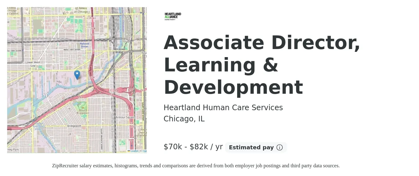 Heartland Human Care Services job posting for a Associate Director, Learning & Development in Chicago, IL with a salary of $70,000 to $82,000 Yearly with a map of Chicago location.
