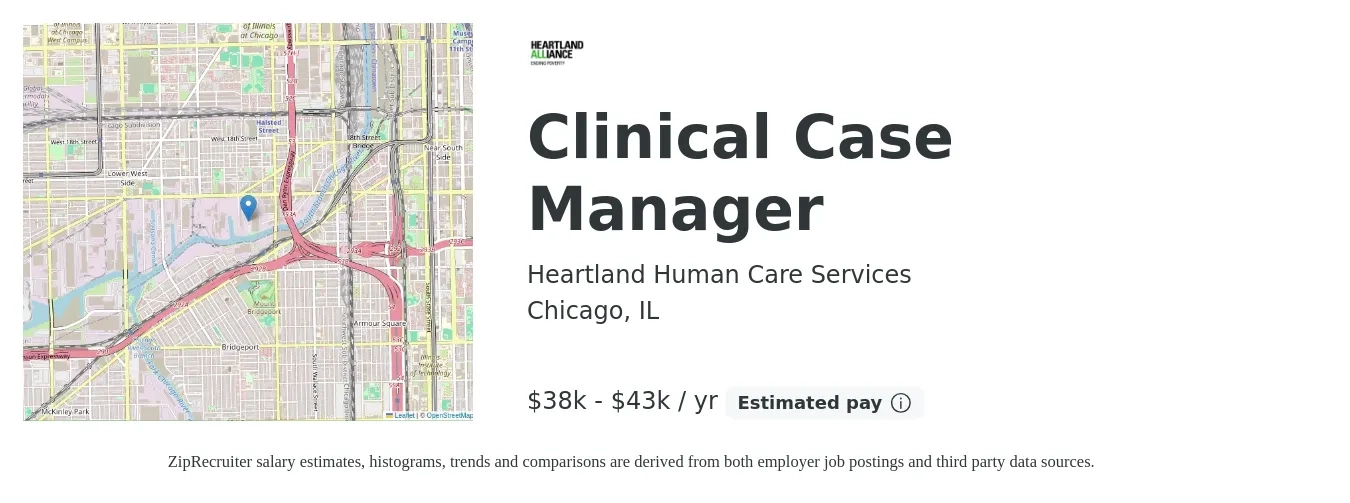 Heartland Human Care Services job posting for a Clinical Case Manager in Chicago, IL with a salary of $38,645 to $43,645 Yearly with a map of Chicago location.