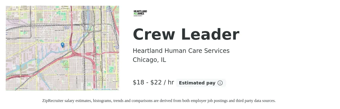 Heartland Human Care Services job posting for a Crew Leader in Chicago, IL with a salary of $19 to $24 Hourly with a map of Chicago location.
