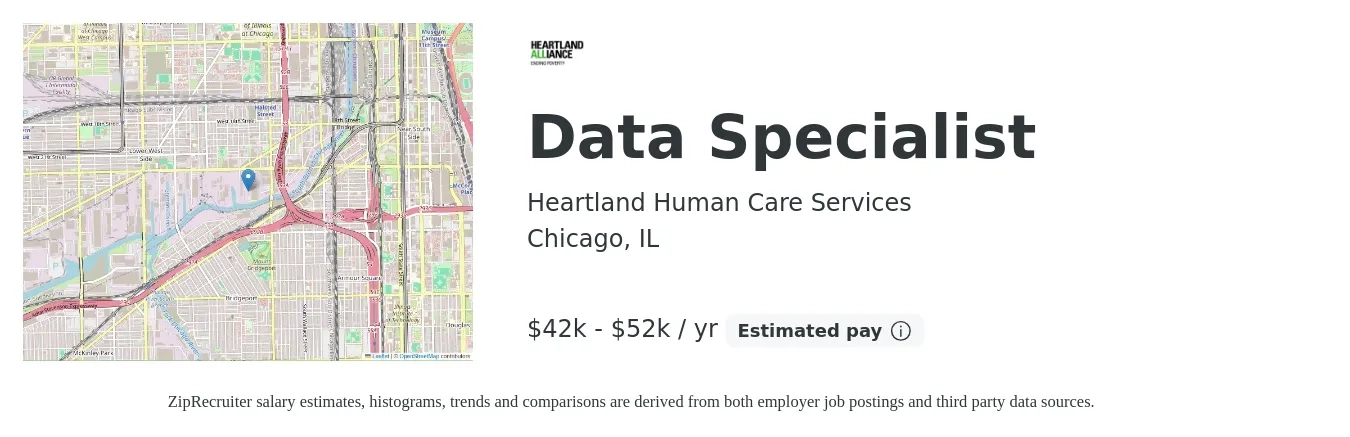Heartland Human Care Services job posting for a Data Specialist in Chicago, IL with a salary of $42,200 to $52,700 Yearly with a map of Chicago location.