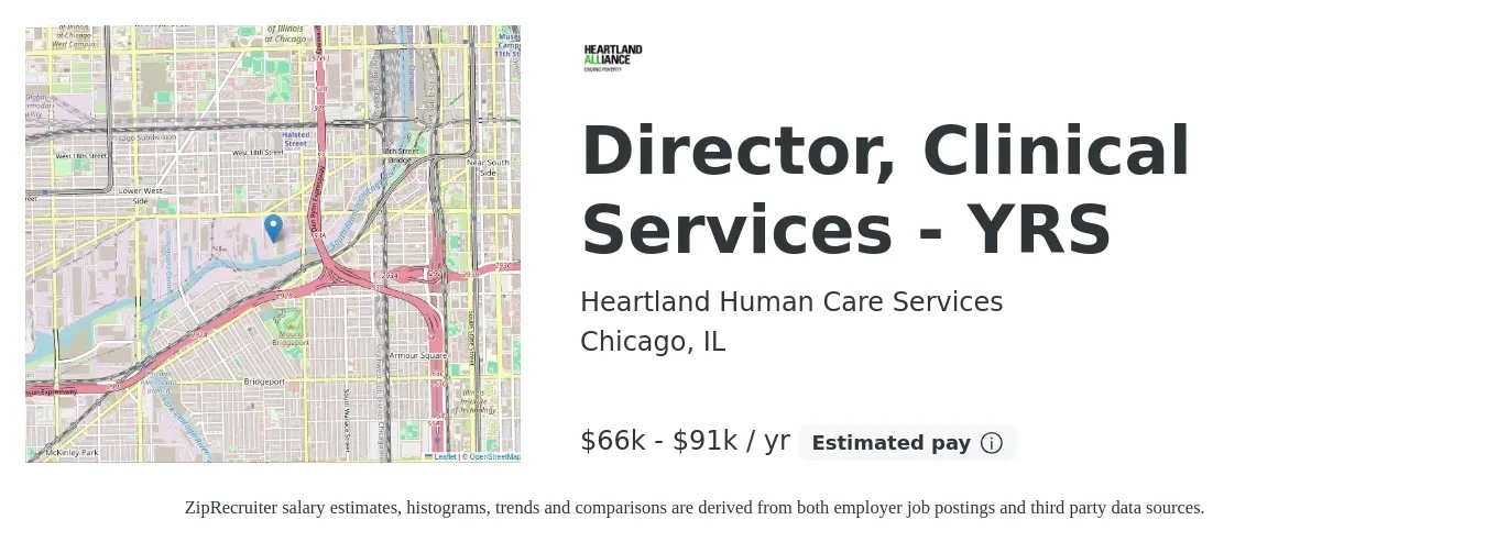 Heartland Human Care Services job posting for a Director, Clinical Services - YRS in Chicago, IL with a salary of $66,500 to $86,400 Yearly with a map of Chicago location.