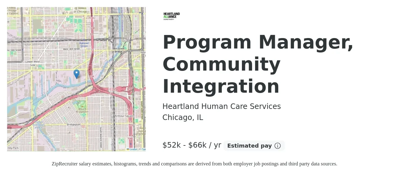 Heartland Human Care Services job posting for a Program Manager, Community Integration in Chicago, IL with a salary of $52,400 to $66,800 Yearly with a map of Chicago location.