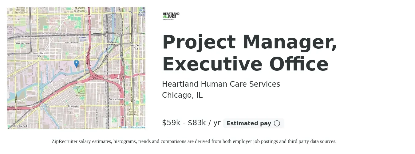 Heartland Human Care Services job posting for a Project Manager, Executive Office in Chicago, IL with a salary of $59,000 to $83,900 Yearly with a map of Chicago location.
