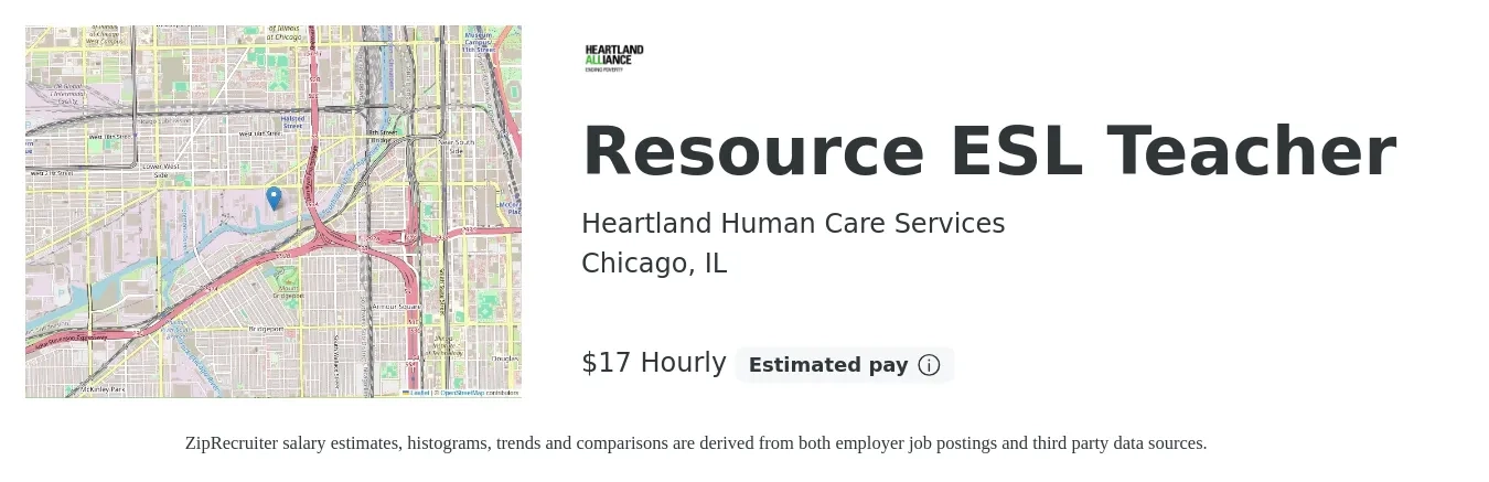 Heartland Human Care Services job posting for a Resource ESL Teacher in Chicago, IL with a salary of $18 Hourly with a map of Chicago location.