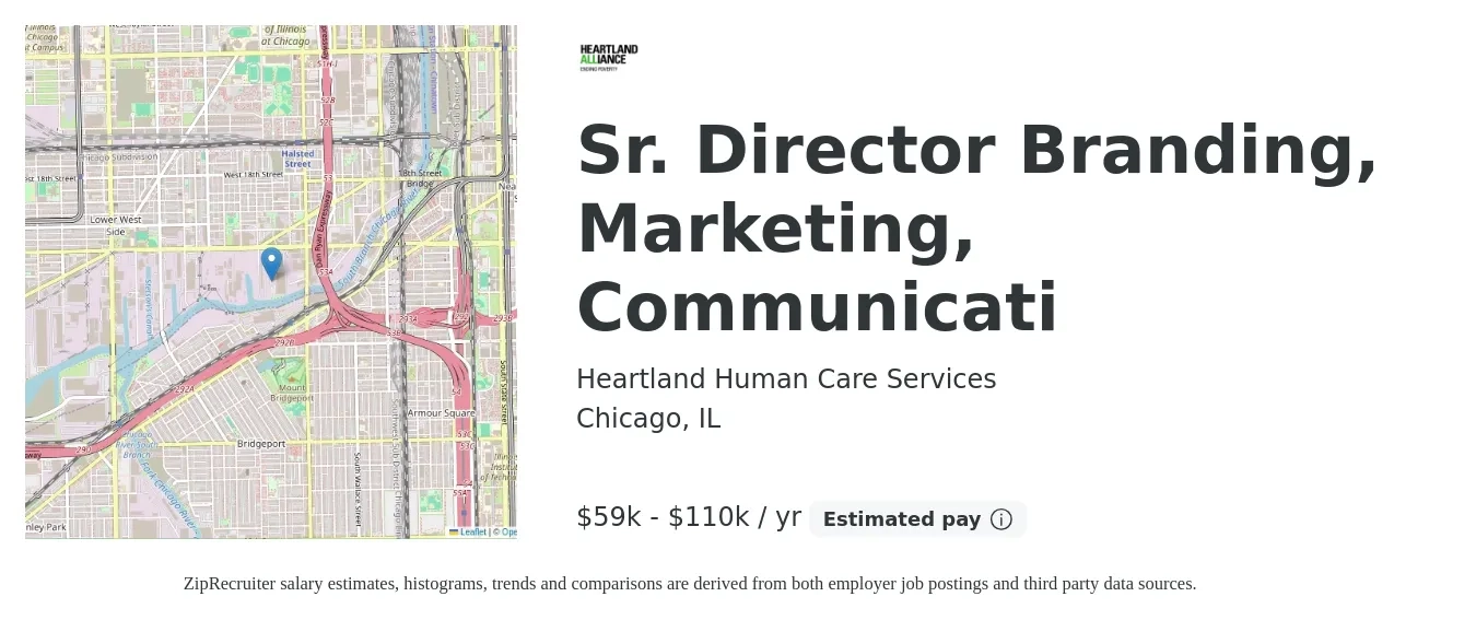 Heartland Human Care Services job posting for a Sr. Director Branding, Marketing, Communicati in Chicago, IL with a salary of $59,877 to $110,000 Yearly with a map of Chicago location.