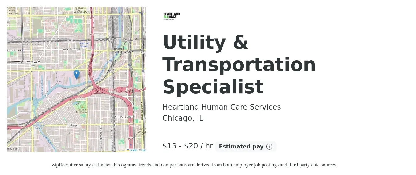 Heartland Human Care Services job posting for a Utility & Transportation Specialist in Chicago, IL with a salary of $16 to $21 Hourly with a map of Chicago location.
