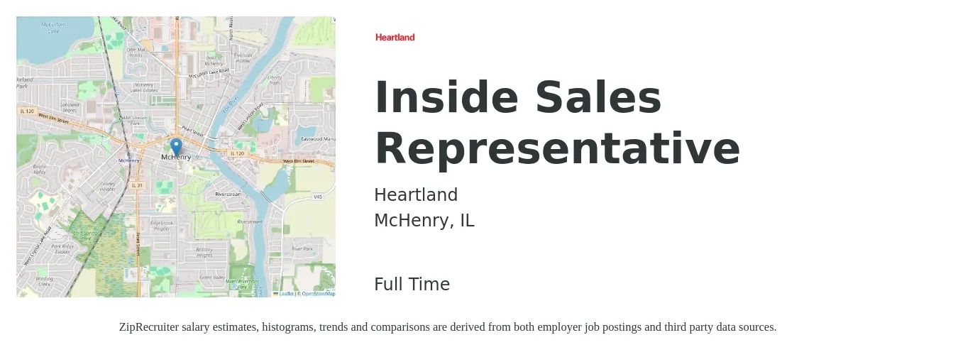 Heartland job posting for a Inside Sales Representative in McHenry, IL with a salary of $38,900 to $58,100 Yearly with a map of McHenry location.