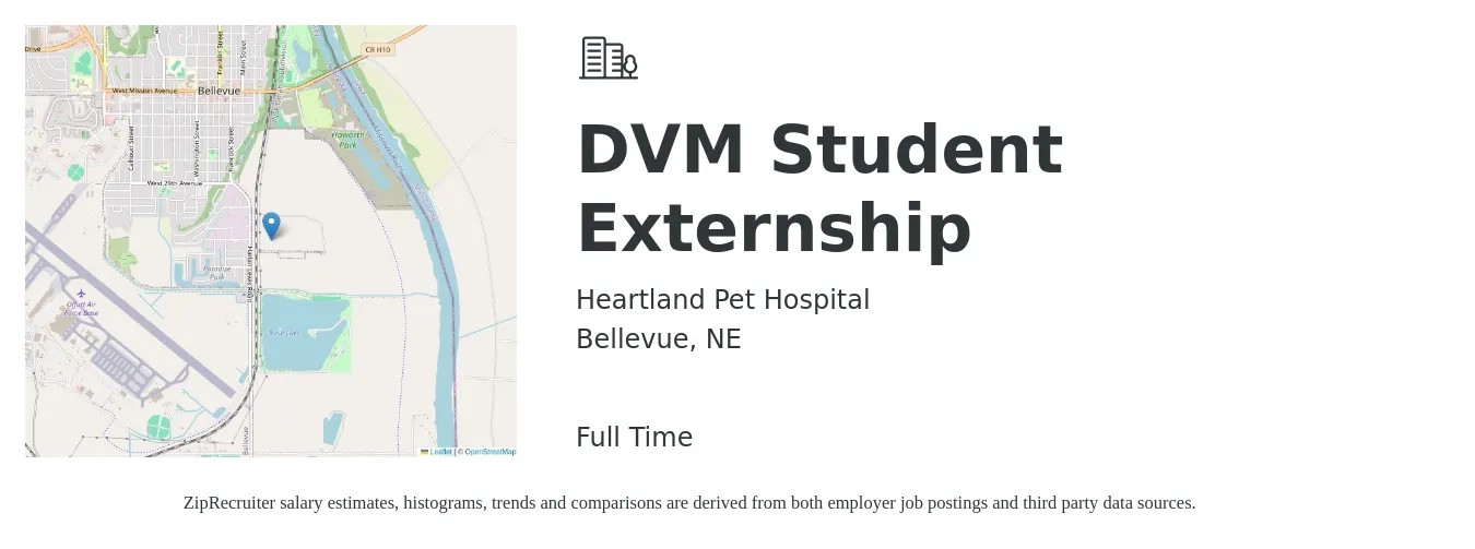 Heartland Pet Hospital job posting for a DVM Student Externship in Bellevue, NE with a salary of $97,100 to $156,800 Yearly with a map of Bellevue location.