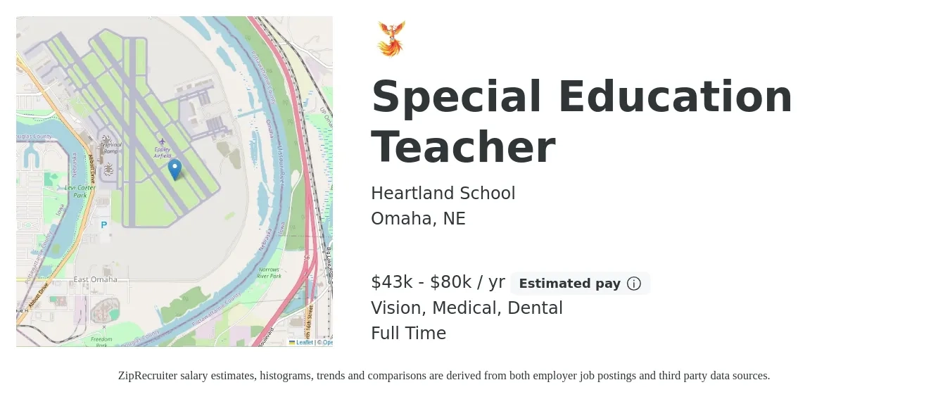 Heartland School job posting for a Special Education Teacher in Omaha, NE with a salary of $43,569 to $80,359 Yearly and benefits including vision, dental, life_insurance, medical, and retirement with a map of Omaha location.