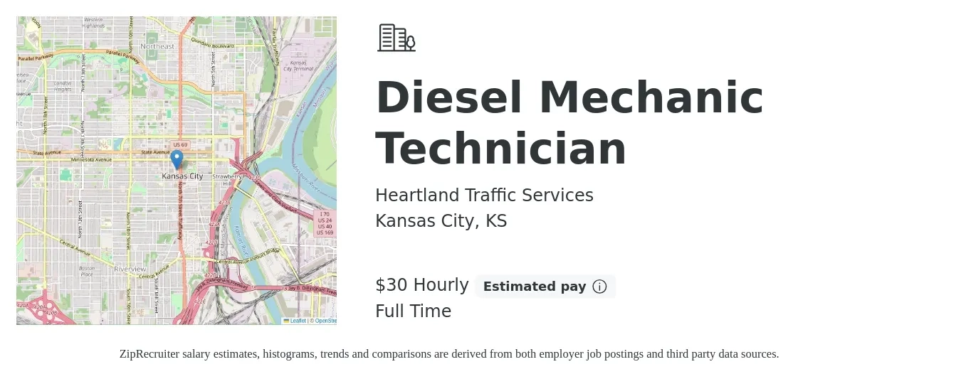 Heartland Traffic Services job posting for a Diesel Mechanic Technician in Kansas City, KS with a salary of $32 Hourly with a map of Kansas City location.