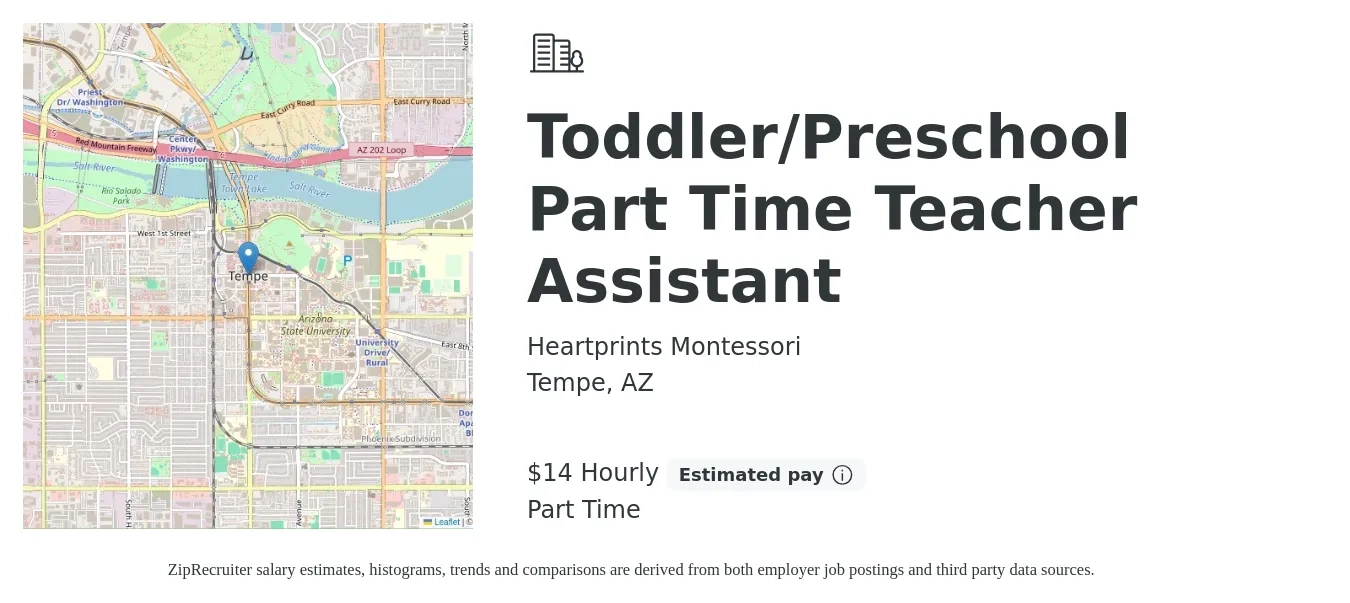 Heartprints Montessori job posting for a Toddler/Preschool Part Time Teacher Assistant in Tempe, AZ with a salary of $15 to $16 Hourly with a map of Tempe location.