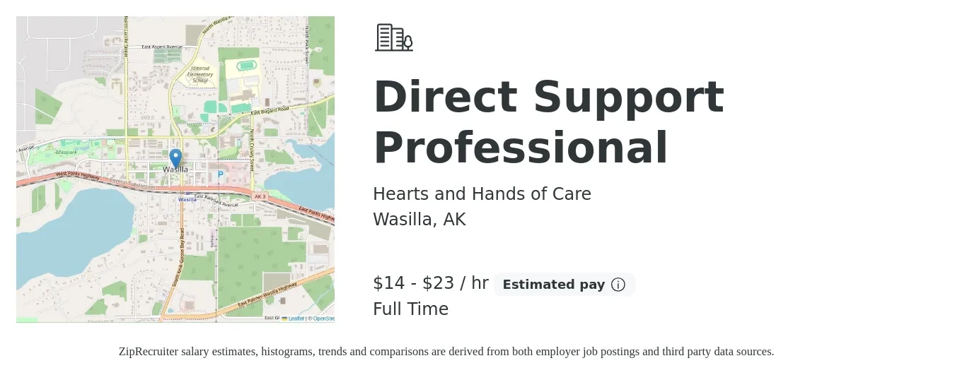 Hearts and Hands of Care job posting for a Direct Support Professional in Wasilla, AK with a salary of $20 to $25 Hourly with a map of Wasilla location.