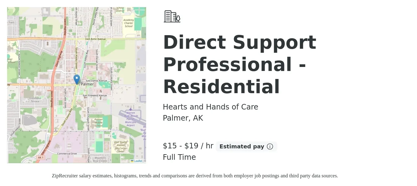 Hearts and Hands of Care job posting for a Direct Support Professional - Residential in Palmer, AK with a salary of $16 to $20 Hourly with a map of Palmer location.