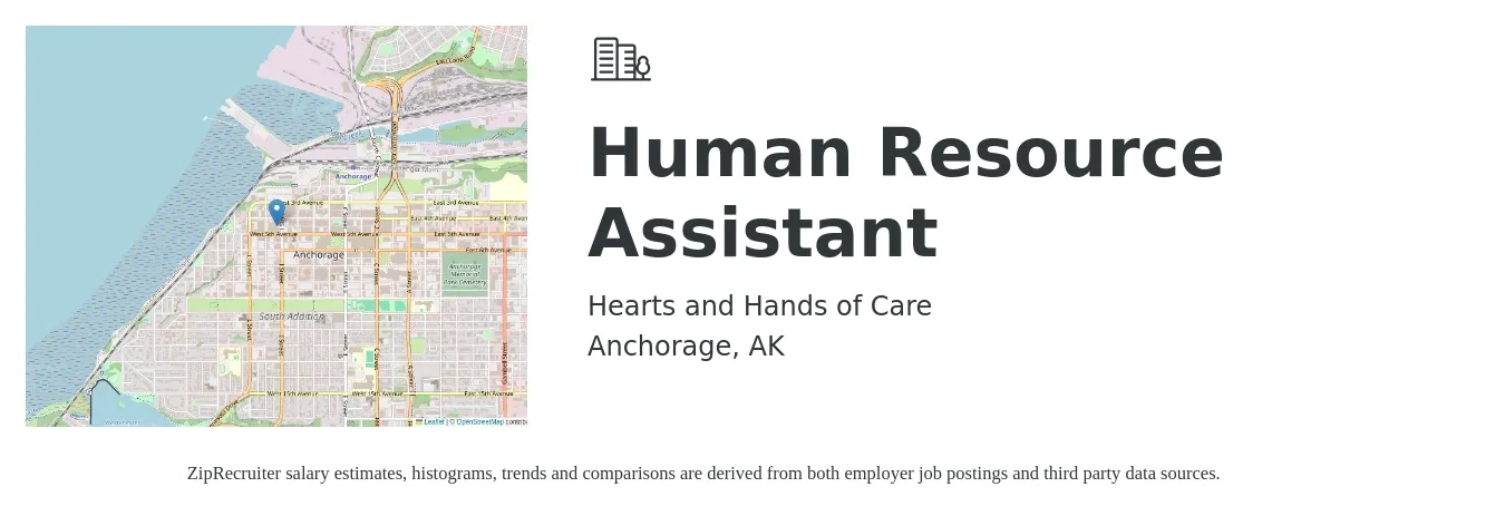 Hearts and Hands of Care job posting for a Human Resource Assistant in Anchorage, AK with a salary of $38,300 to $49,000 Yearly with a map of Anchorage location.