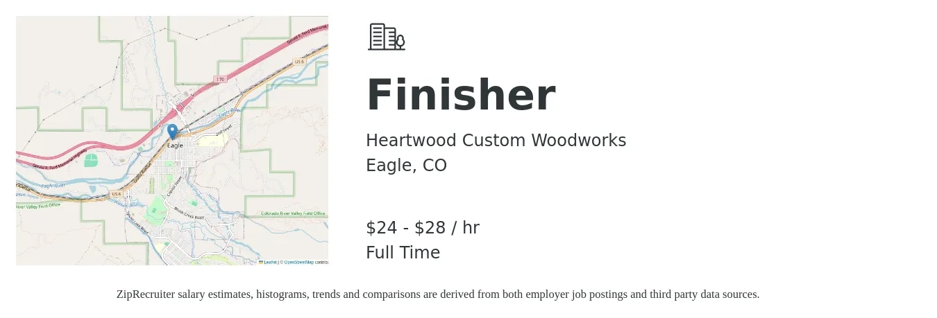 Heartwood Custom Woodworks job posting for a Finisher in Eagle, CO with a salary of $25 to $30 Hourly with a map of Eagle location.