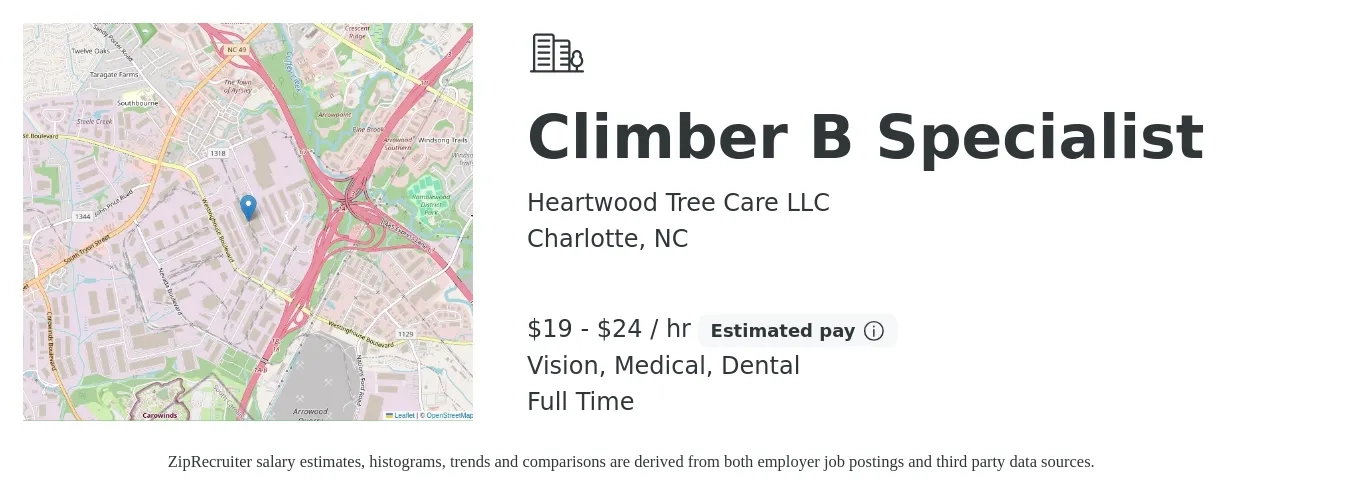 Heartwood Tree Care LLC job posting for a Climber B Specialist in Charlotte, NC with a salary of $20 to $25 Hourly and benefits including life_insurance, medical, pto, retirement, vision, and dental with a map of Charlotte location.
