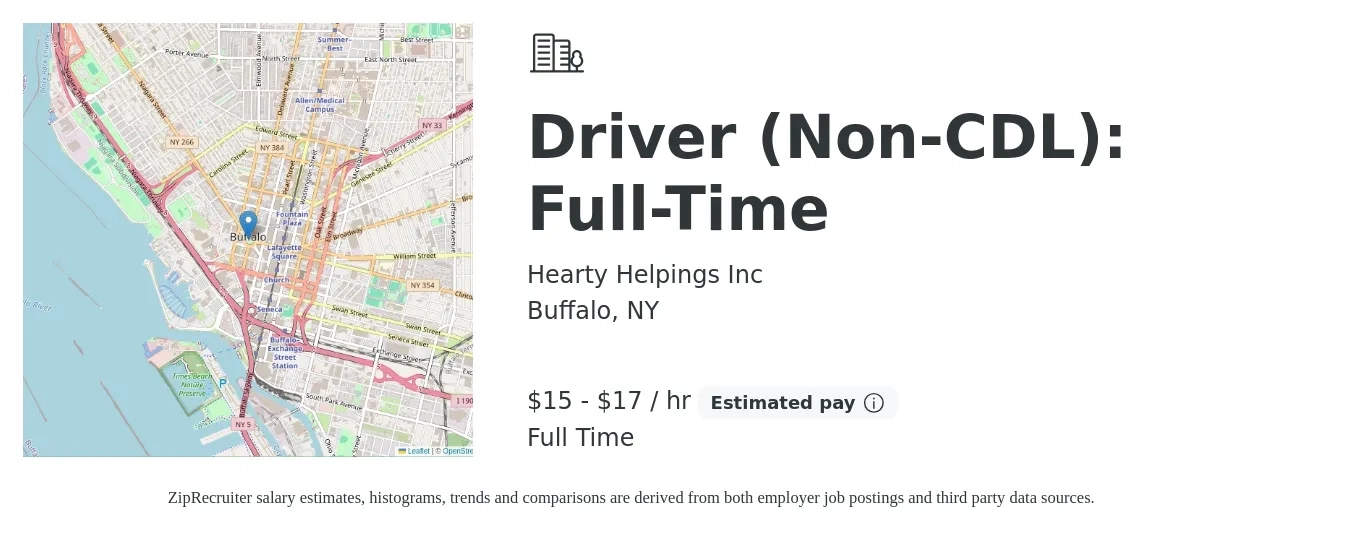Hearty Helpings Inc job posting for a Driver (Non-CDL): Full-Time in Buffalo, NY with a salary of $16 to $18 Hourly with a map of Buffalo location.