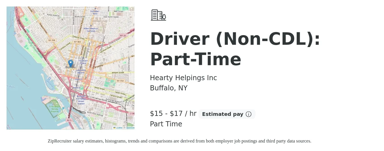 Hearty Helpings Inc job posting for a Driver (Non-CDL): Part-Time in Buffalo, NY with a salary of $16 to $18 Hourly with a map of Buffalo location.