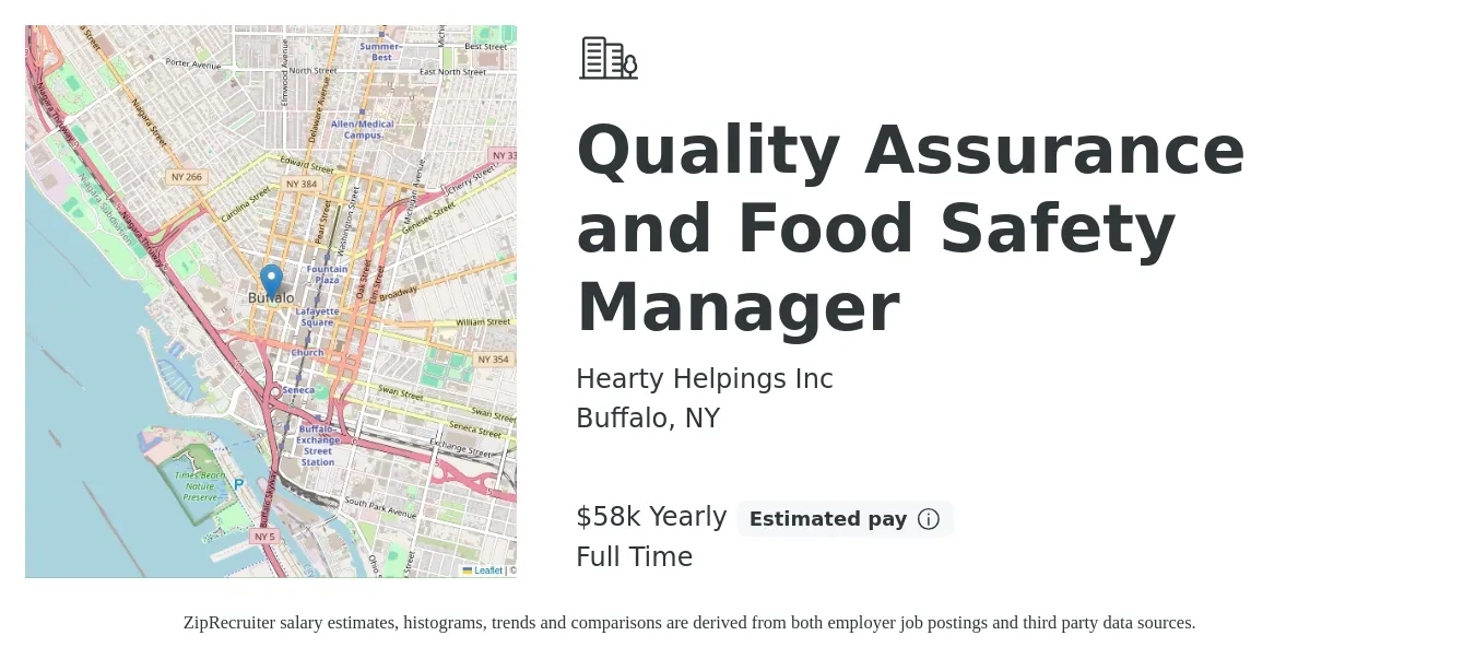 Hearty Helpings Inc job posting for a Quality Assurance and Food Safety Manager in Buffalo, NY with a salary of $58,500 Yearly with a map of Buffalo location.