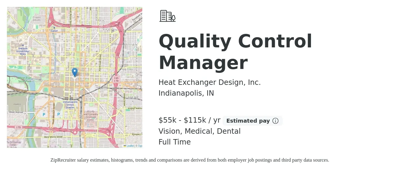 Heat Exchanger Design, Inc. job posting for a Quality Control Manager in Indianapolis, IN with a salary of $55,000 to $115,000 Yearly and benefits including dental, life_insurance, medical, retirement, and vision with a map of Indianapolis location.