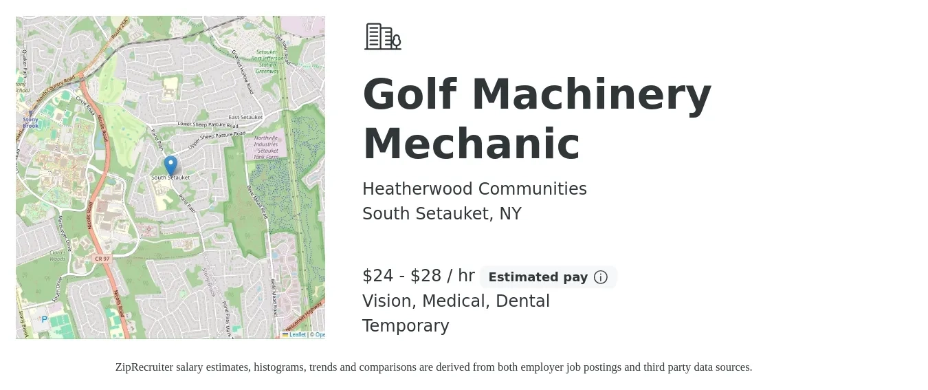 Heatherwood Communities job posting for a Golf Machinery Mechanic in South Setauket, NY with a salary of $25 to $30 Hourly and benefits including vision, dental, life_insurance, medical, and pto with a map of South Setauket location.