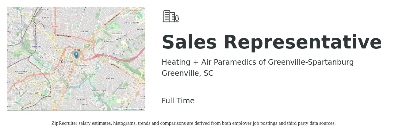 Heating + Air Paramedics of Greenville-Spartanburg job posting for a Sales Representative in Greenville, SC with a salary of $60,000 to $120,000 Weekly with a map of Greenville location.