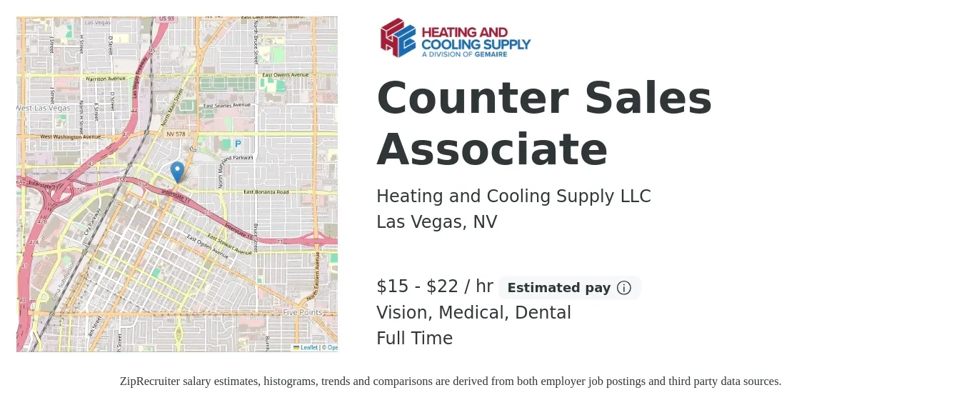 Heating and Cooling Supply LLC job posting for a Counter Sales Associate in Las Vegas, NV with a salary of $16 to $24 Hourly and benefits including dental, life_insurance, medical, retirement, and vision with a map of Las Vegas location.