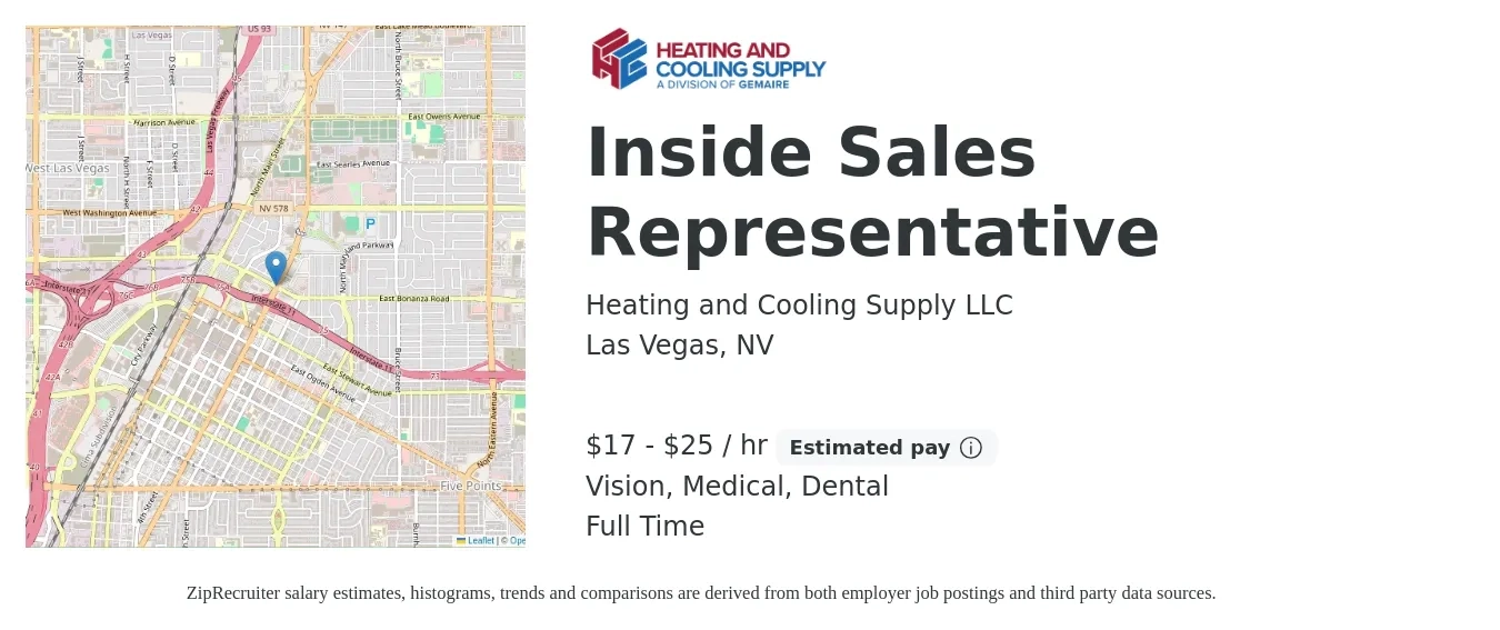 Heating and Cooling Supply LLC job posting for a Inside Sales Representative in Las Vegas, NV with a salary of $18 to $26 Hourly and benefits including dental, life_insurance, medical, retirement, and vision with a map of Las Vegas location.