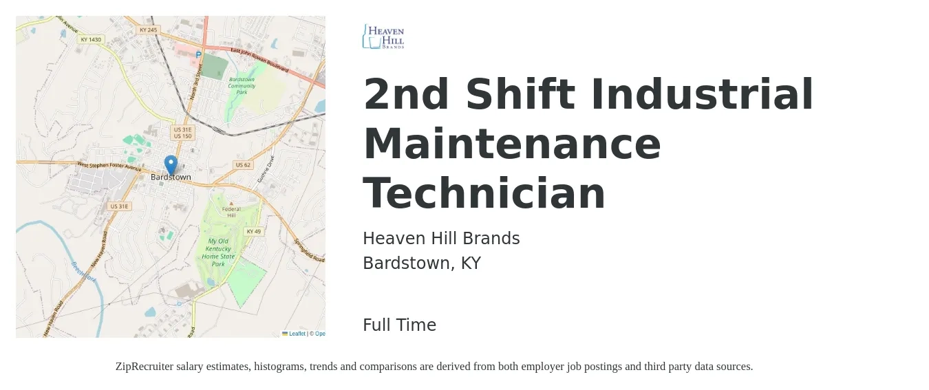 Heaven Hill Brands job posting for a 2nd Shift Industrial Maintenance Technician in Bardstown, KY with a salary of $18 to $26 Hourly with a map of Bardstown location.