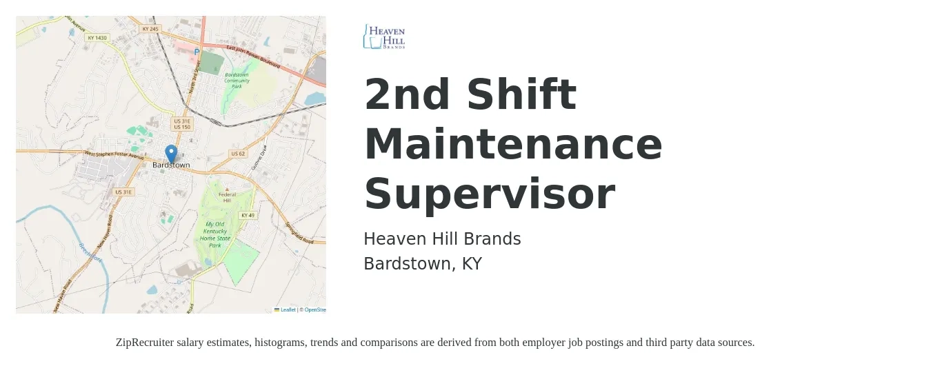 Heaven Hill Brands job posting for a 2nd Shift Maintenance Supervisor in Bardstown, KY with a salary of $49,200 to $73,000 Yearly with a map of Bardstown location.
