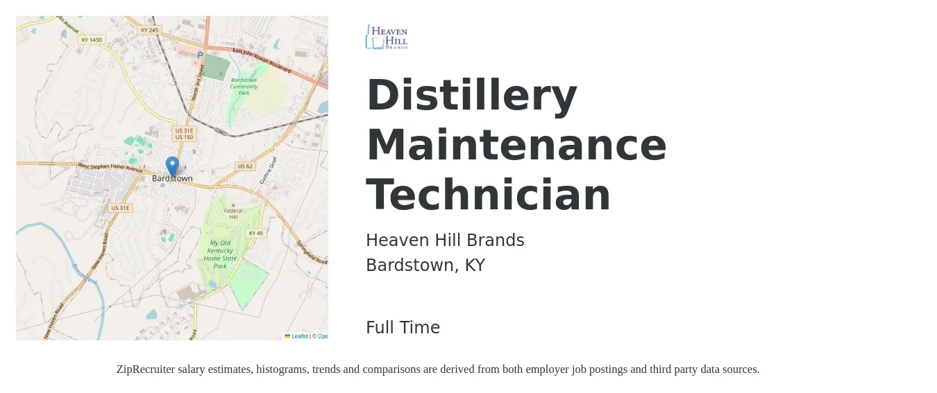 Heaven Hill Brands job posting for a Distillery Maintenance Technician in Bardstown, KY with a salary of $17 to $24 Hourly with a map of Bardstown location.