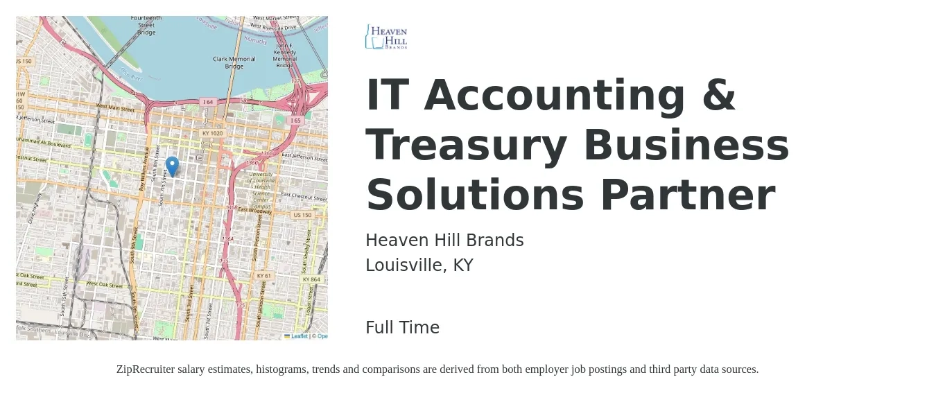 Heaven Hill Brands job posting for a IT Accounting & Treasury Business Solutions Partner in Louisville, KY with a salary of $51,700 to $76,400 Yearly with a map of Louisville location.