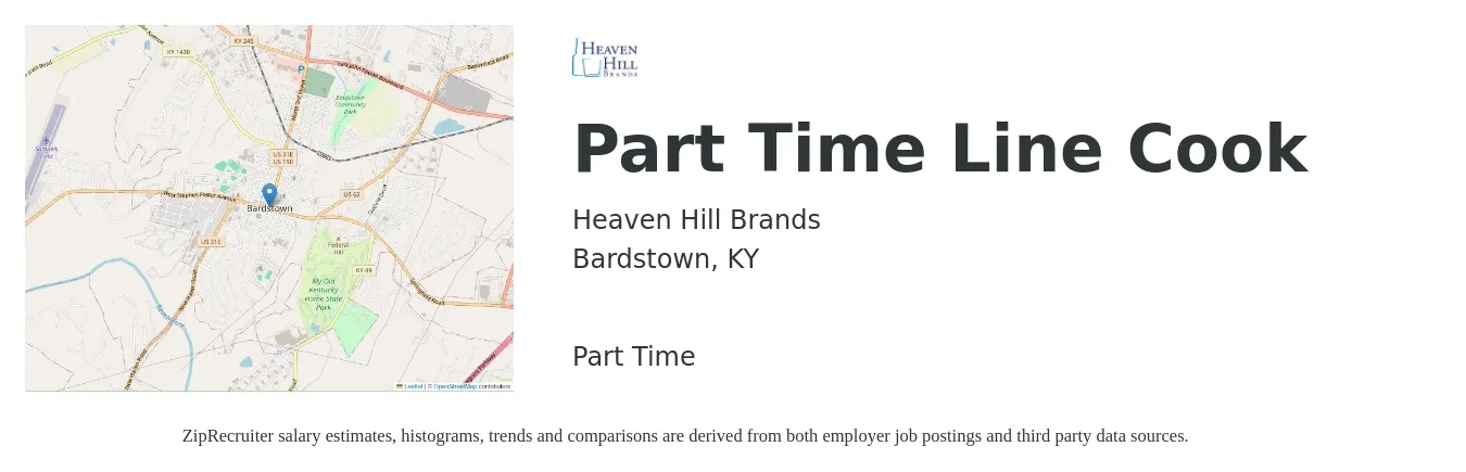 Heaven Hill Brands job posting for a Part Time Line Cook in Bardstown, KY with a salary of $14 to $17 Hourly with a map of Bardstown location.