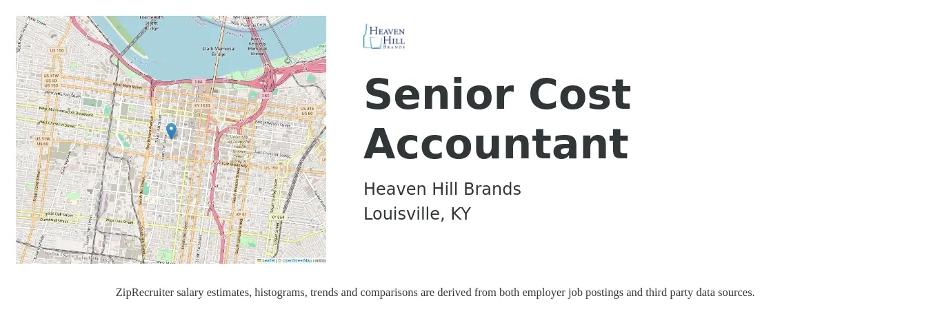 Heaven Hill Brands job posting for a Senior Cost Accountant in Louisville, KY with a salary of $74,600 to $92,900 Yearly with a map of Louisville location.