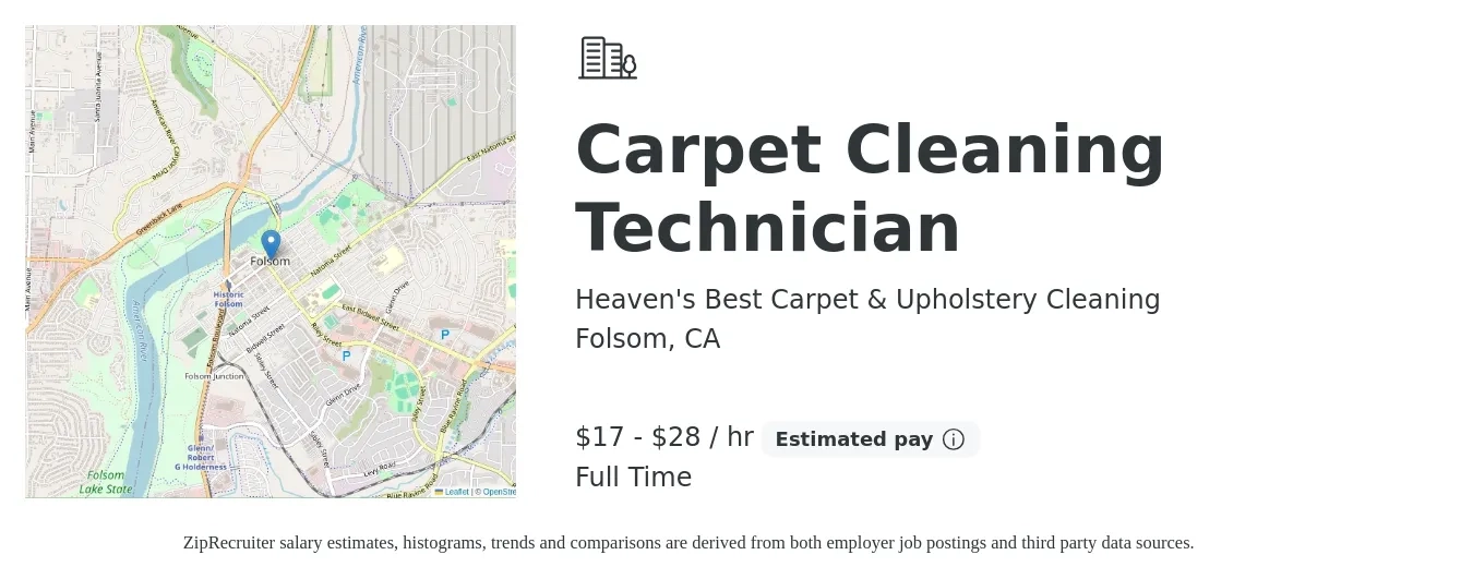 Heaven's Best Carpet & Upholstery Cleaning job posting for a Carpet Cleaning Technician in Folsom, CA with a salary of $18 to $30 Hourly with a map of Folsom location.