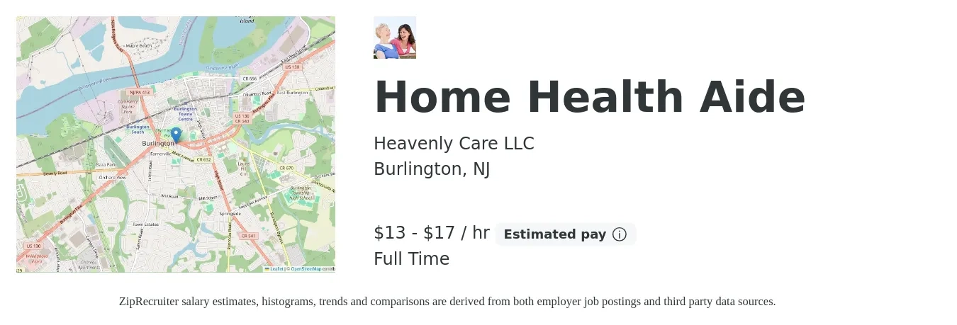 Heavenly Care LLC job posting for a Home Health Aide in Burlington, NJ with a salary of $14 to $18 Hourly with a map of Burlington location.