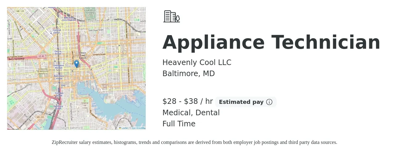 Heavenly Cool LLC job posting for a Appliance Technician in Baltimore, MD with a salary of $30 to $40 Hourly and benefits including dental, medical, pto, and retirement with a map of Baltimore location.