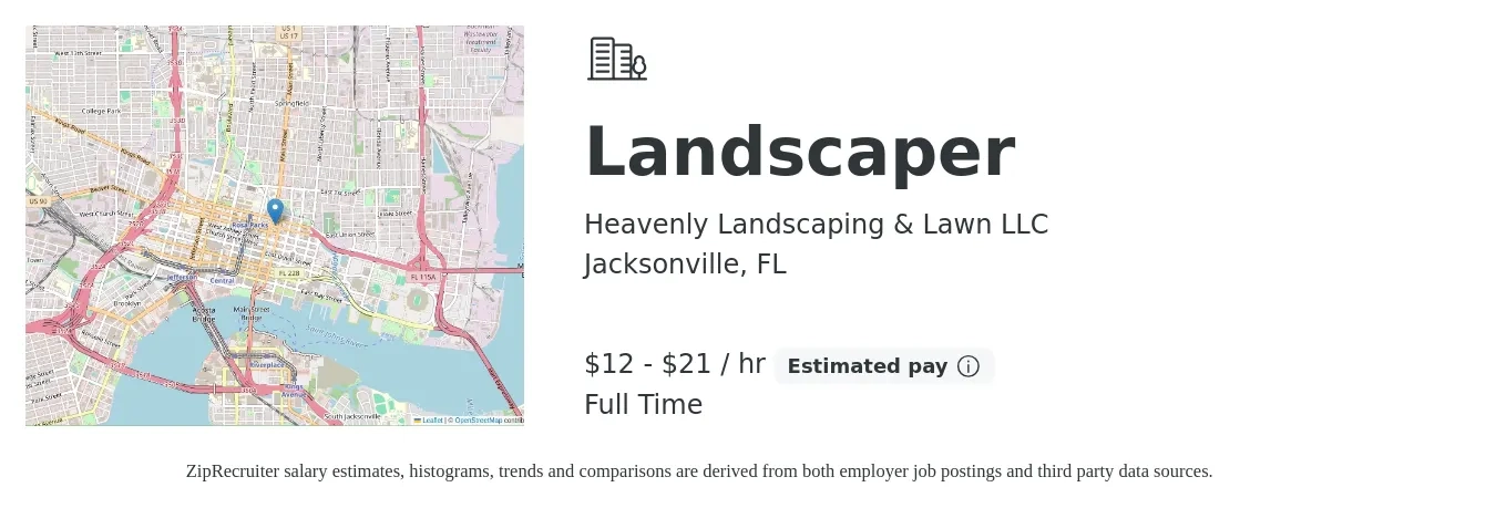 Heavenly Landscaping & Lawn LLC job posting for a Landscaper in Jacksonville, FL with a salary of $13 to $22 Hourly and benefits including retirement, and pto with a map of Jacksonville location.