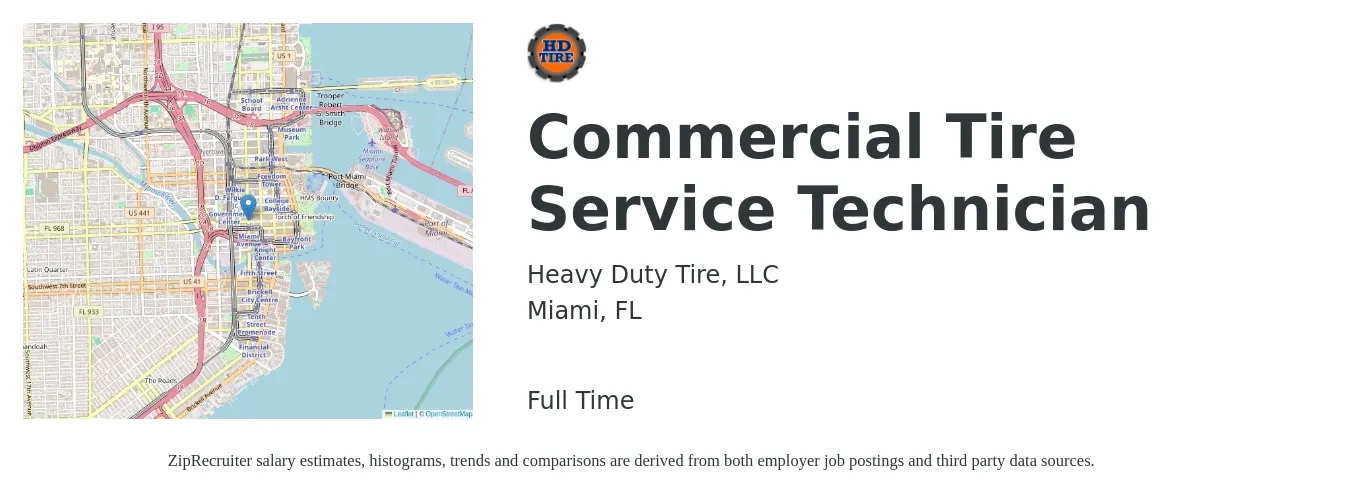 Heavy Duty Tire, LLC job posting for a Commercial Tire Service Technician in Miami, FL with a salary of $20 to $25 Hourly with a map of Miami location.