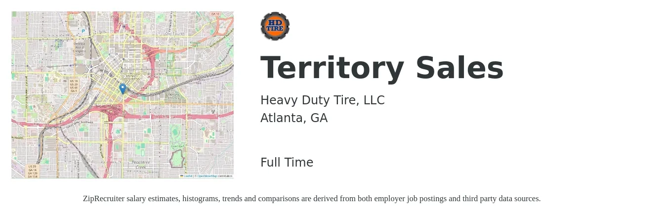Heavy Duty Tire, LLC job posting for a Territory Sales in Atlanta, GA with a salary of $62,000 to $95,200 Yearly with a map of Atlanta location.