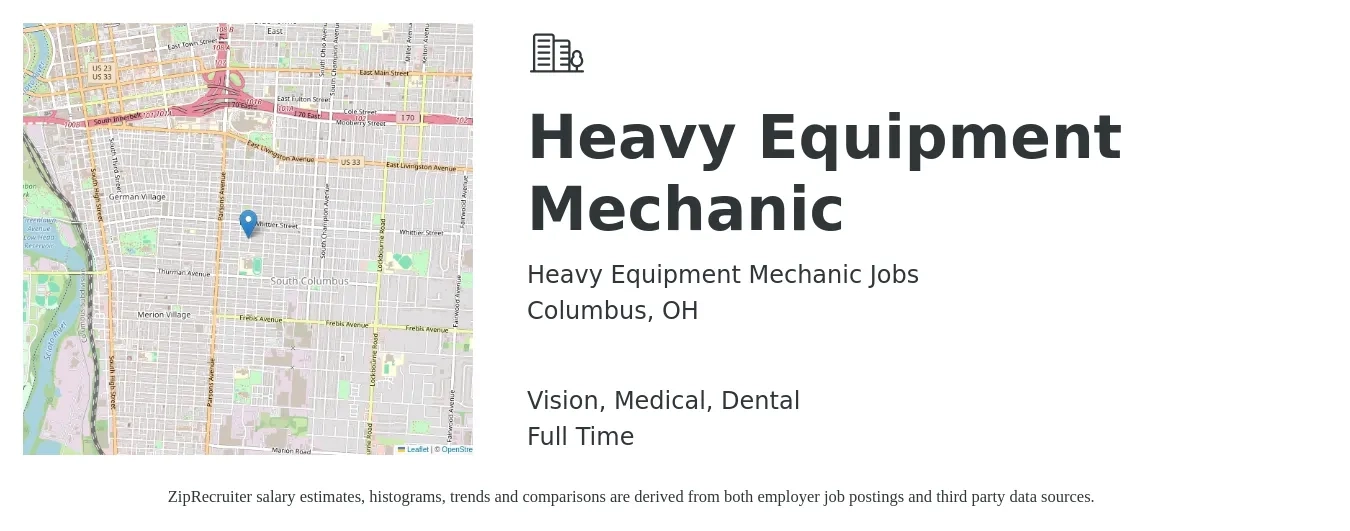 Heavy Equipment Mechanic Jobs job posting for a Heavy Equipment Mechanic in Columbus, OH with a salary of $25 to $33 Hourly and benefits including medical, retirement, vision, dental, and life_insurance with a map of Columbus location.