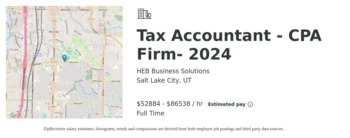 HEB Business Solutions job posting for a Tax Accountant - CPA Firm- 2024 in Salt Lake City, UT with a salary of $55,000 to $90,000 Hourly with a map of Salt Lake City location.