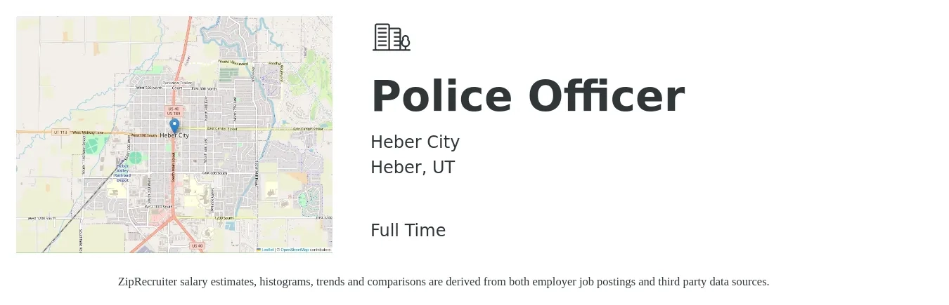 Heber City job posting for a Police Officer in Heber, UT with a salary of $31 to $47 Hourly with a map of Heber location.