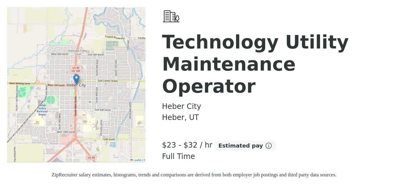 Heber City job posting for a Technology Utility Maintenance Operator in Heber, UT with a salary of $24 to $34 Hourly with a map of Heber location.