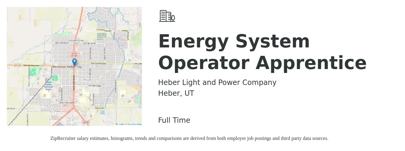 Heber Light and Power Company job posting for a Energy System Operator Apprentice in Heber, UT with a salary of $22 Hourly with a map of Heber location.