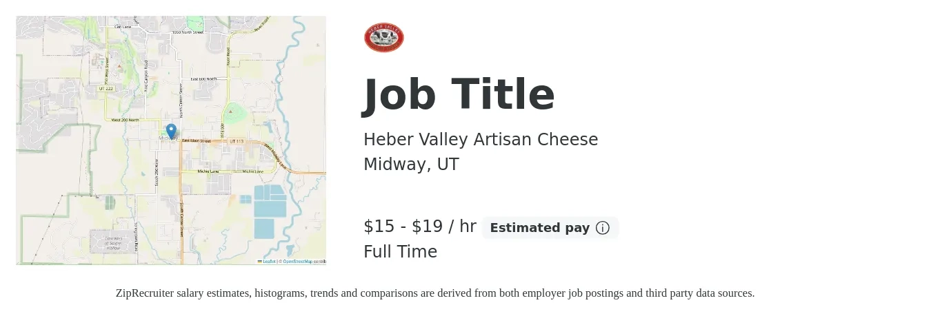 Heber Valley Artisan Cheese job posting for a Job Title in Midway, UT with a salary of $16 to $20 Hourly with a map of Midway location.