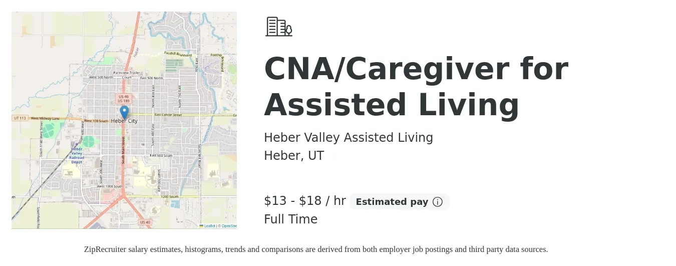 Heber Valley Assisted Living job posting for a CNA/Caregiver for Assisted Living in Heber, UT with a salary of $14 to $19 Hourly with a map of Heber location.