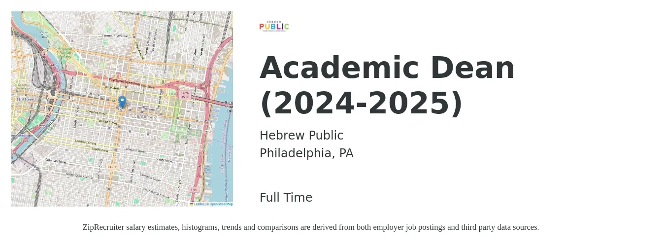 Hebrew Public job posting for a Academic Dean (2024-2025) in Philadelphia, PA with a salary of $74,200 to $110,500 Yearly with a map of Philadelphia location.