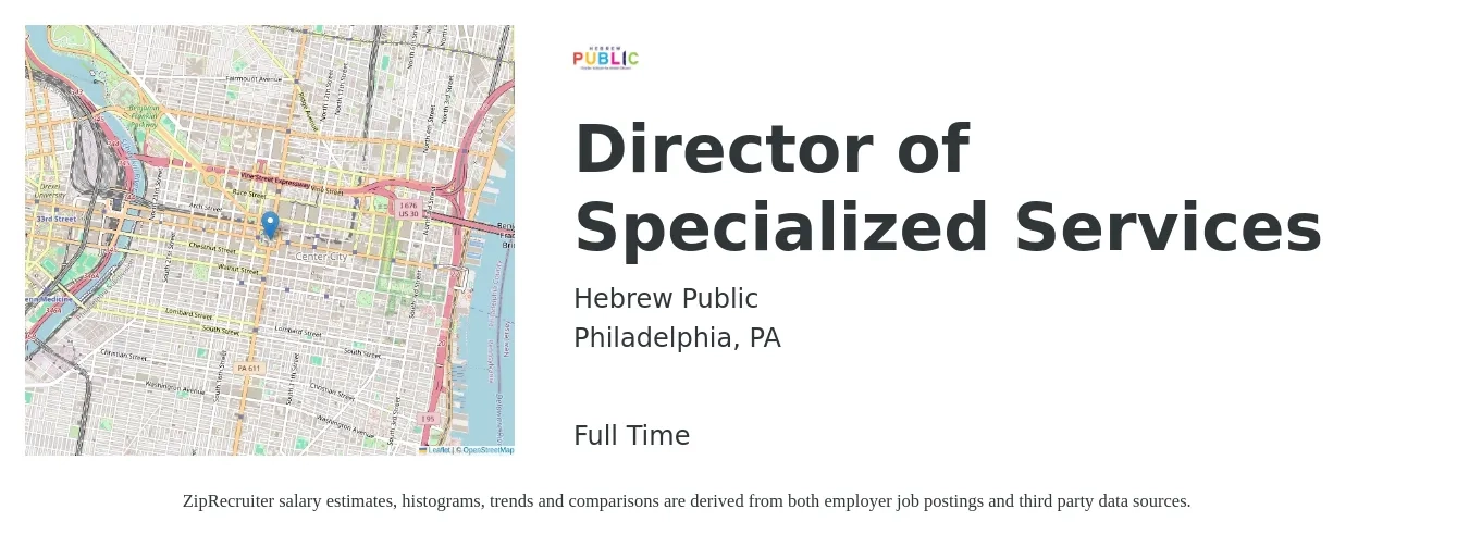 Hebrew Public job posting for a Director of Specialized Services in Philadelphia, PA with a salary of $51,500 to $87,300 Yearly with a map of Philadelphia location.