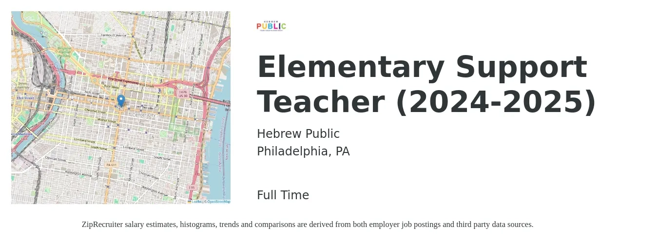 Hebrew Public job posting for a Elementary Support Teacher (2024-2025) in Philadelphia, PA with a salary of $44,900 to $60,500 Yearly with a map of Philadelphia location.
